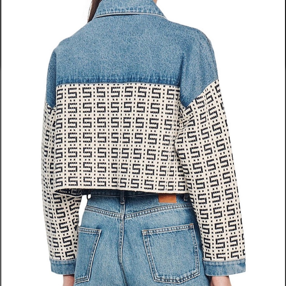 Sandro Blue and White Cropped Denim Jacket - Picture 4 of 10